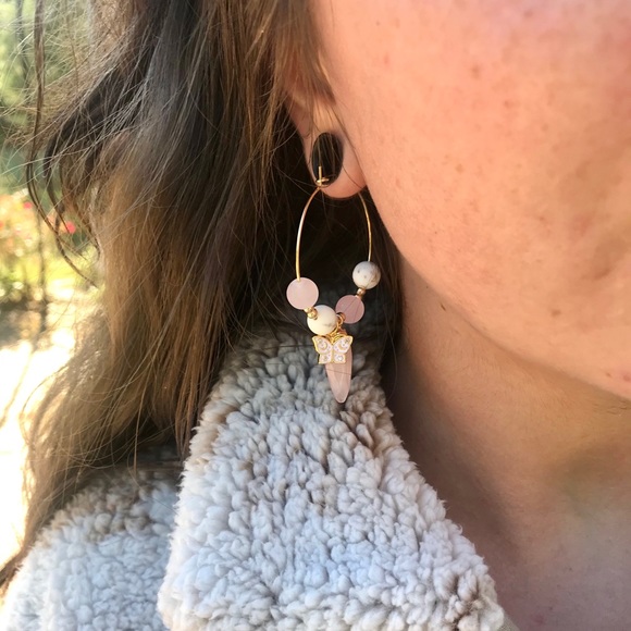 Rose Quartz White Turquoise Butterfly Hoop Earring - Picture 6 of 6